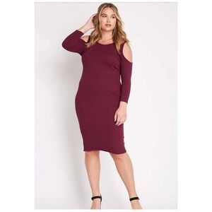 Burgundy Cold Shoulder Ribbed Knit Midi Dress